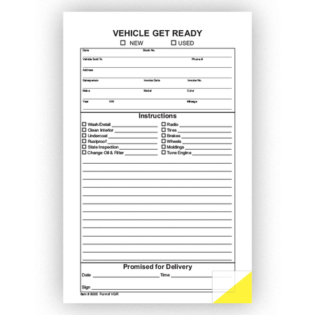 ASP Vehicle Get Ready Form, 5 1/2" X 8 1/2" - 2 Part, 100 Per Pack Pk 8005